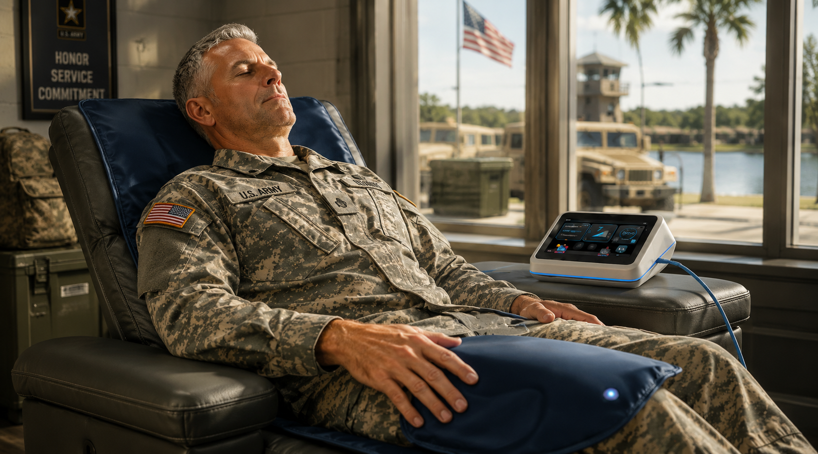 Military leader seated with the PureWave Ultra system in a command-ready environment.