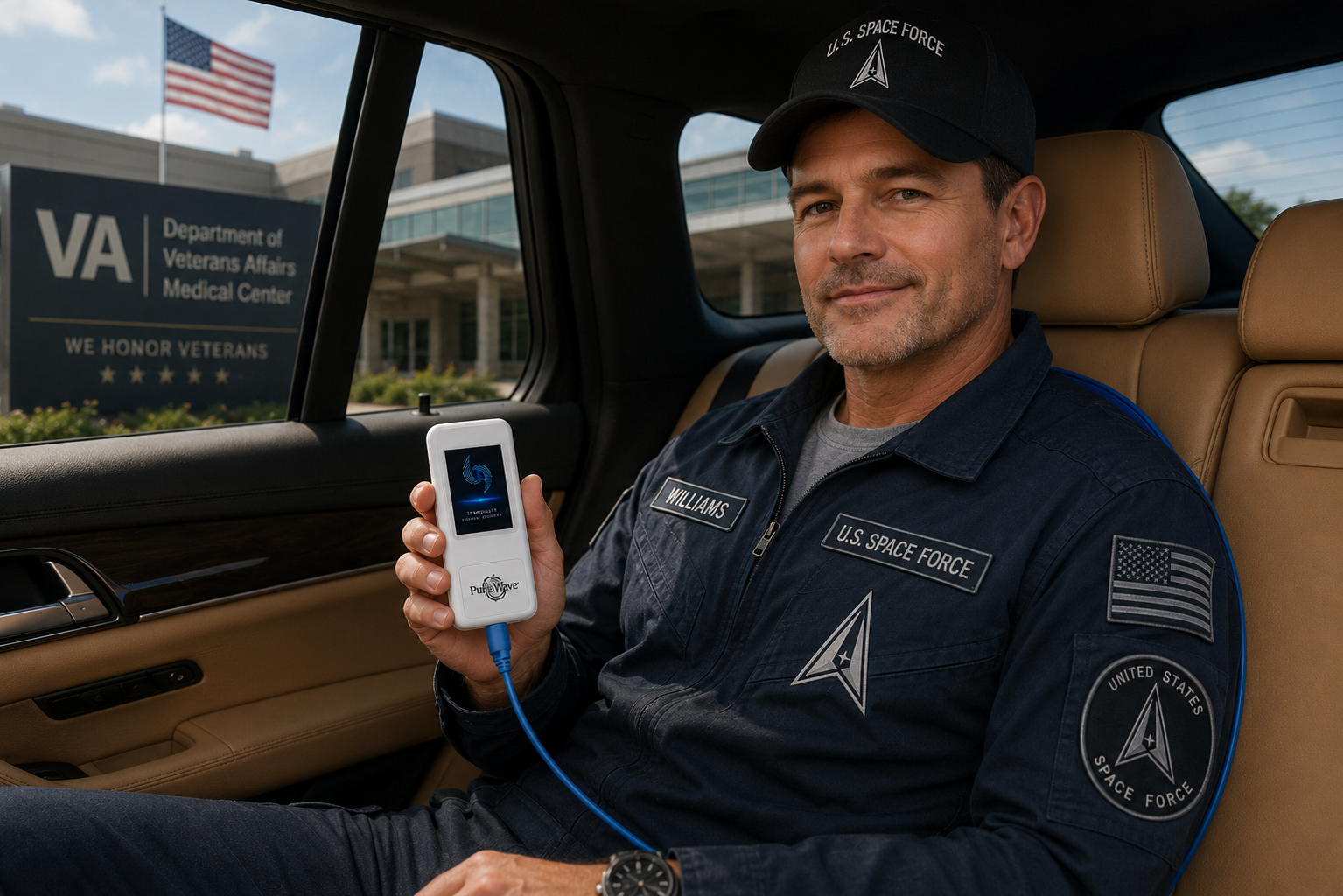 U.S. Space Force veteran holding the PureWave Travel system outside a VA Medical Center.