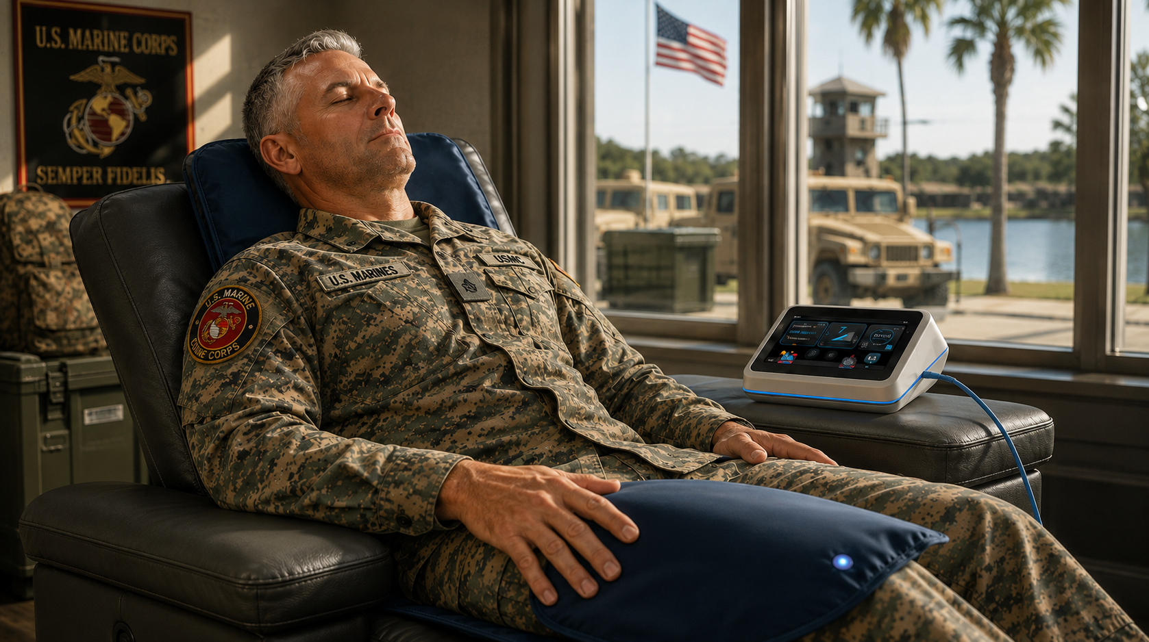 U.S. Marine recovering in a base lounge with the PureWave Ultra system alongside.