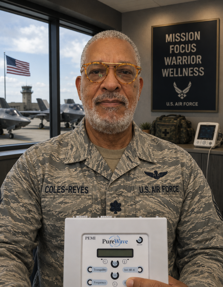 Tomas Coles-Reyes, U.S. Air Force veteran and CEO of Vet's Place, holding a PureWave PEMI system.