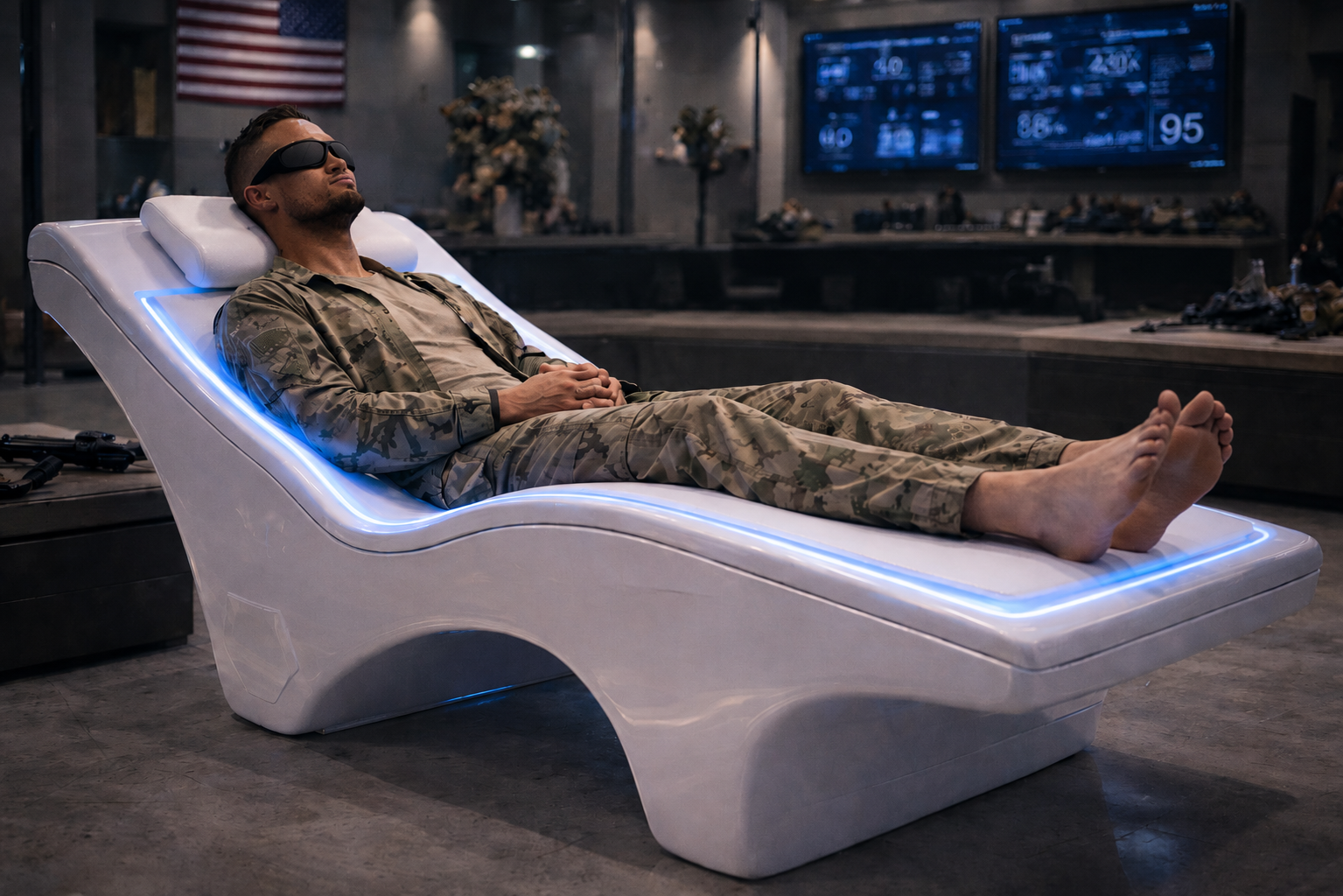 PureWave VEMI system staged in a futuristic tactical recovery lounge.