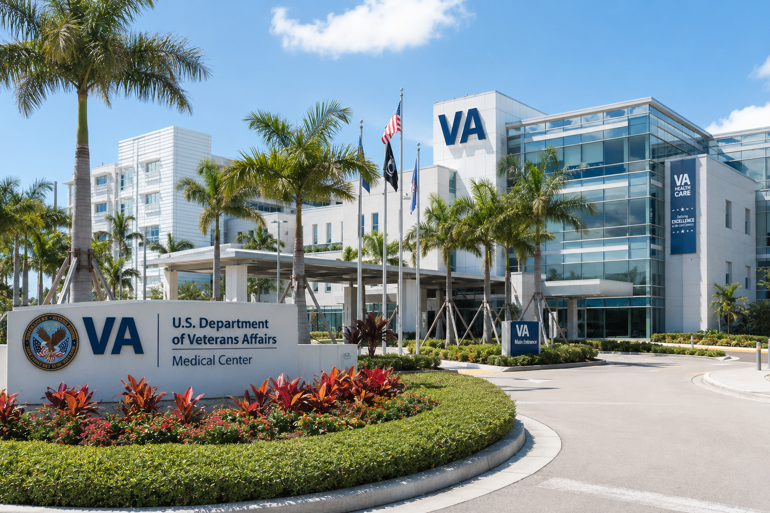 Modern U.S. Department of Veterans Affairs Medical Center campus, palm-lined entrance and glass facade.
