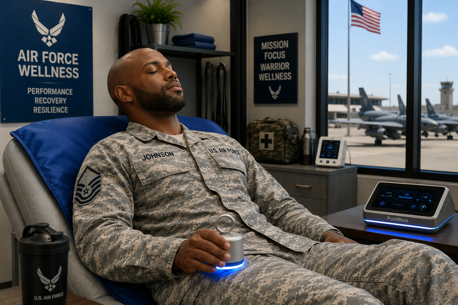 Air Force operator using PureWave recovery technology in an aviation performance room.