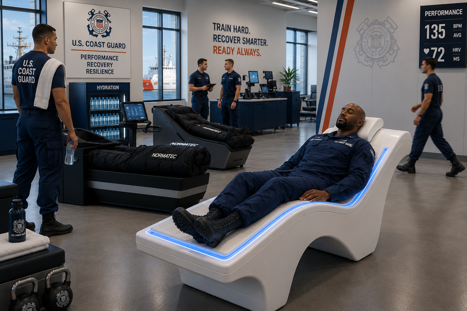 U.S. Coast Guard performance and recovery facility with recovery lounge, Normatec systems, and live readiness metrics.