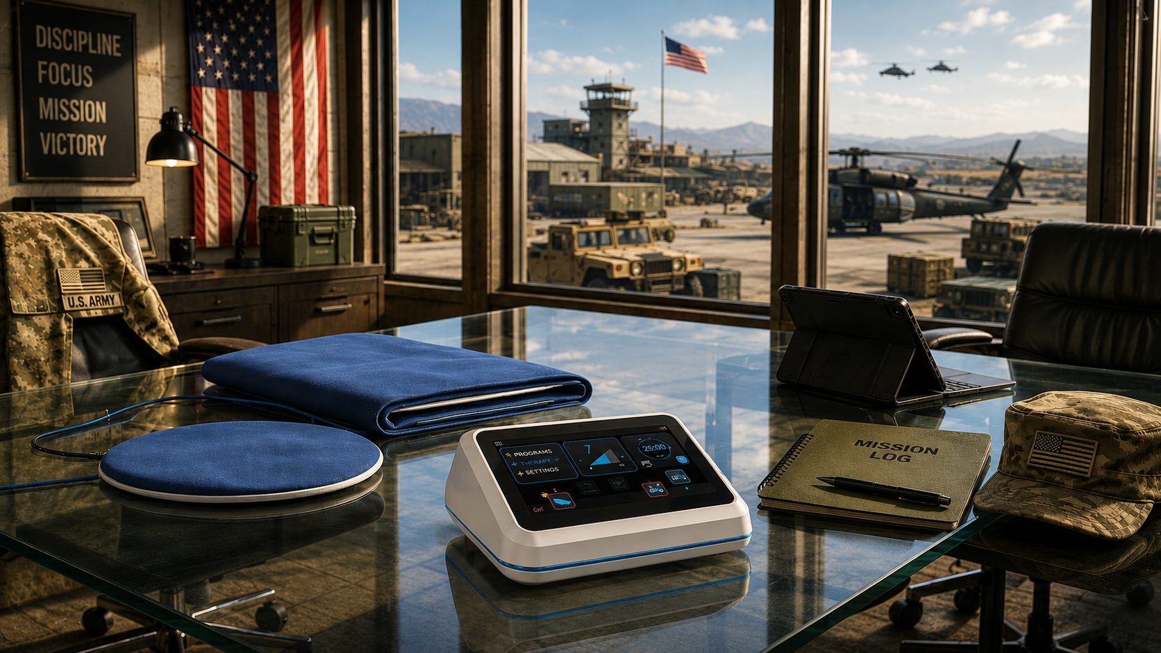 PureWave Ultra system on a command desk with U.S. Army flag and airfield beyond the window.