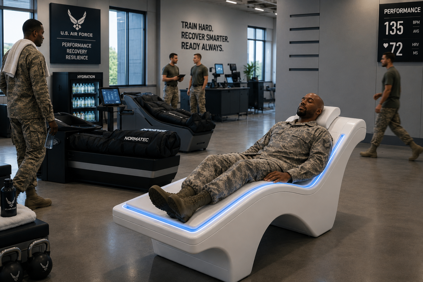Advanced Air Force recovery facility showcasing a futuristic human performance environment.