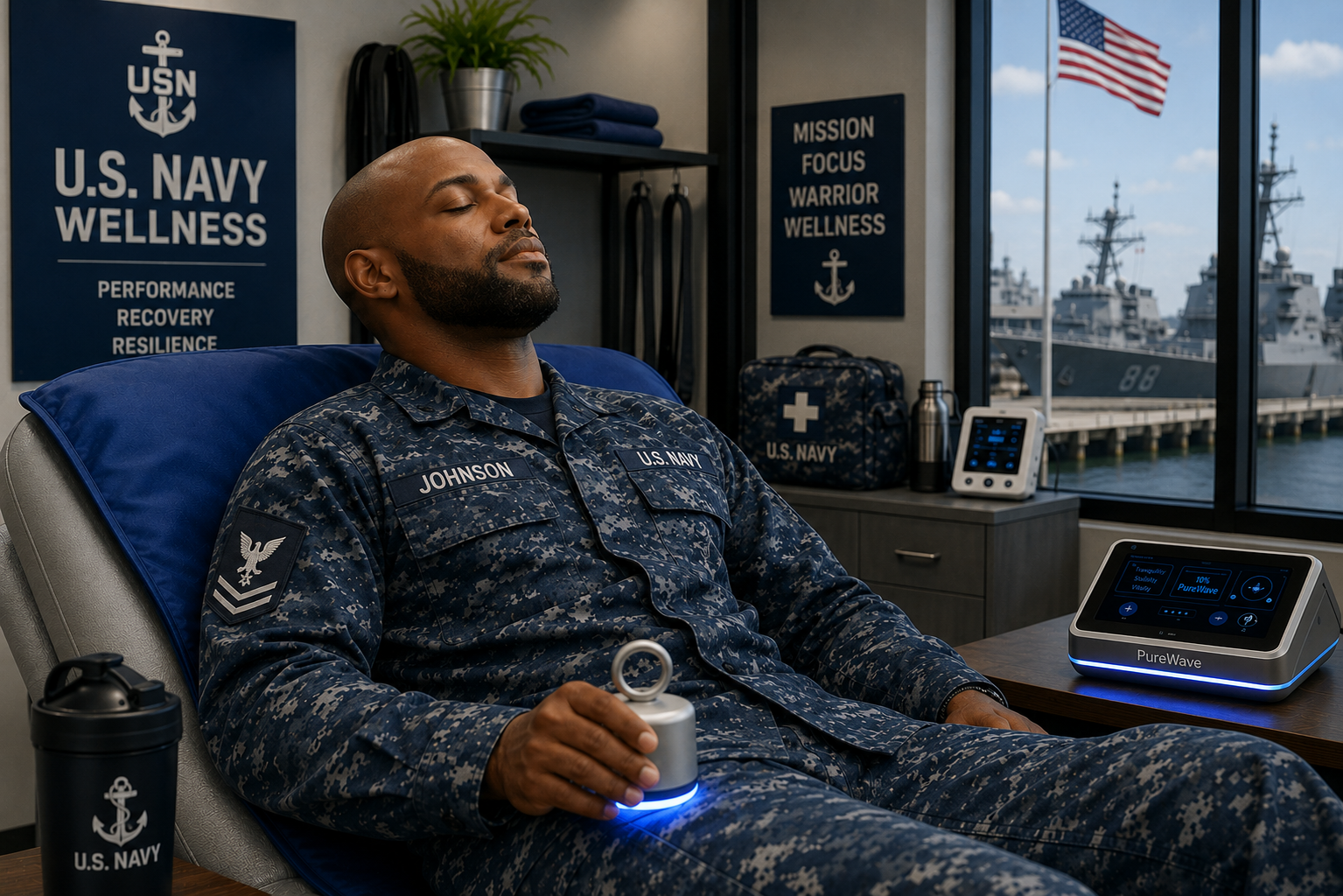 U.S. Navy sailor recovering with PureWave technology in a wellness facility.