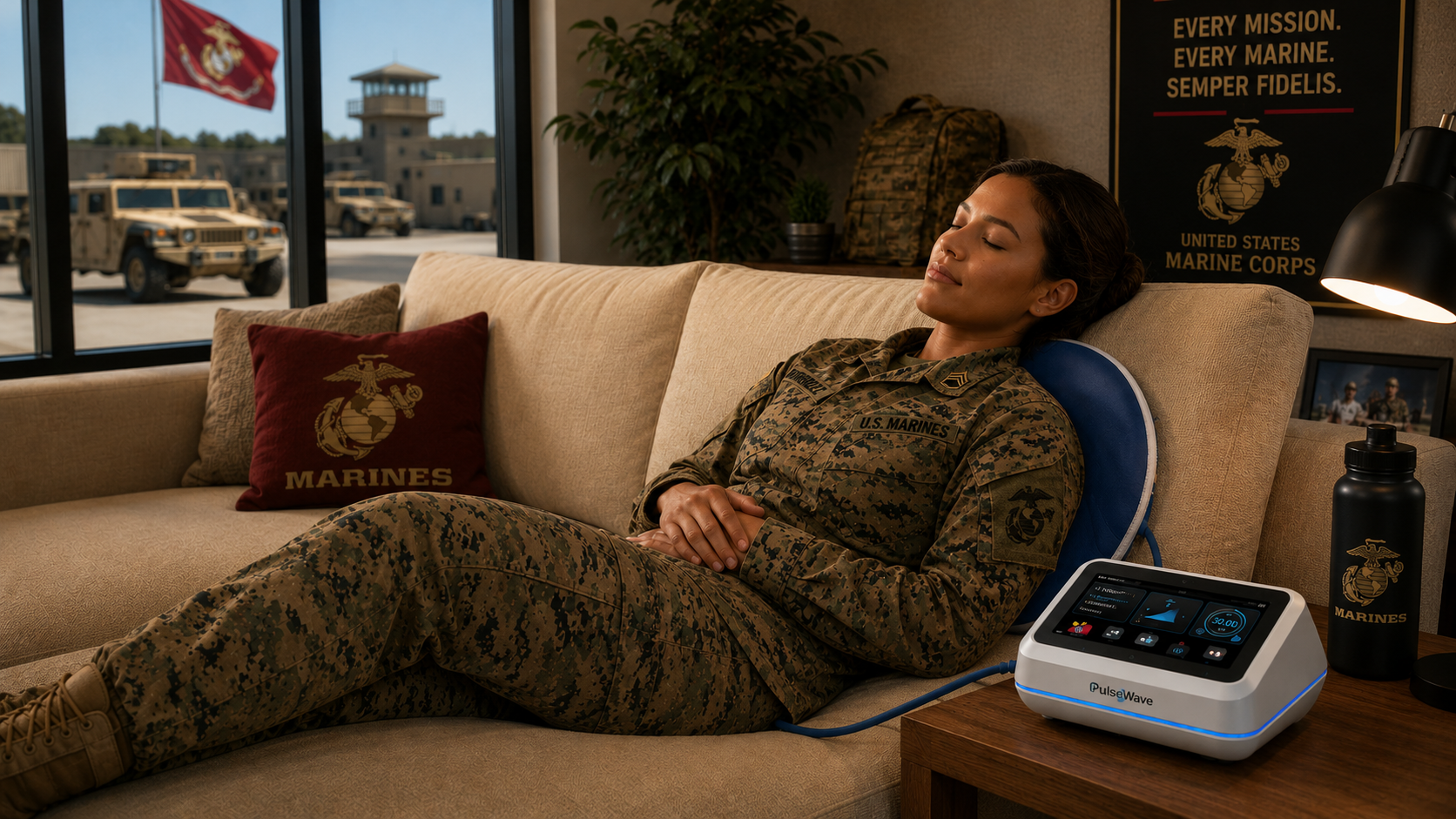 U.S. Marine recovering with a PureWave system in a base lounge.