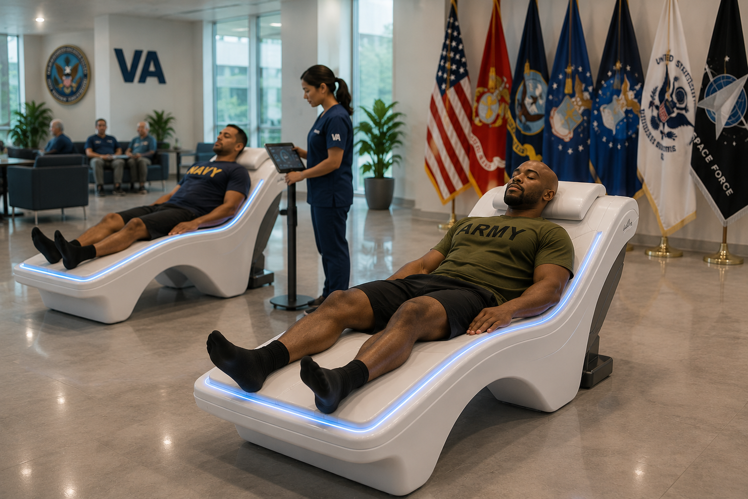 U.S. Army and Navy veterans resting on illuminated PureWave VEMI recovery beds inside a modern VA wellness suite, service flags in the background.