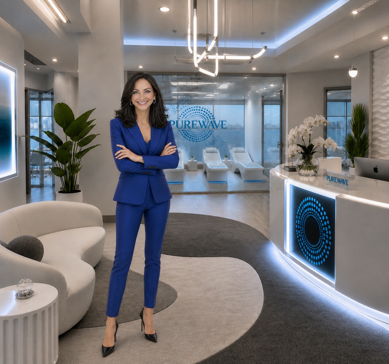 PureWave executive lobby with founder, illuminated reception desk, and recovery suite overlooking the waterfront