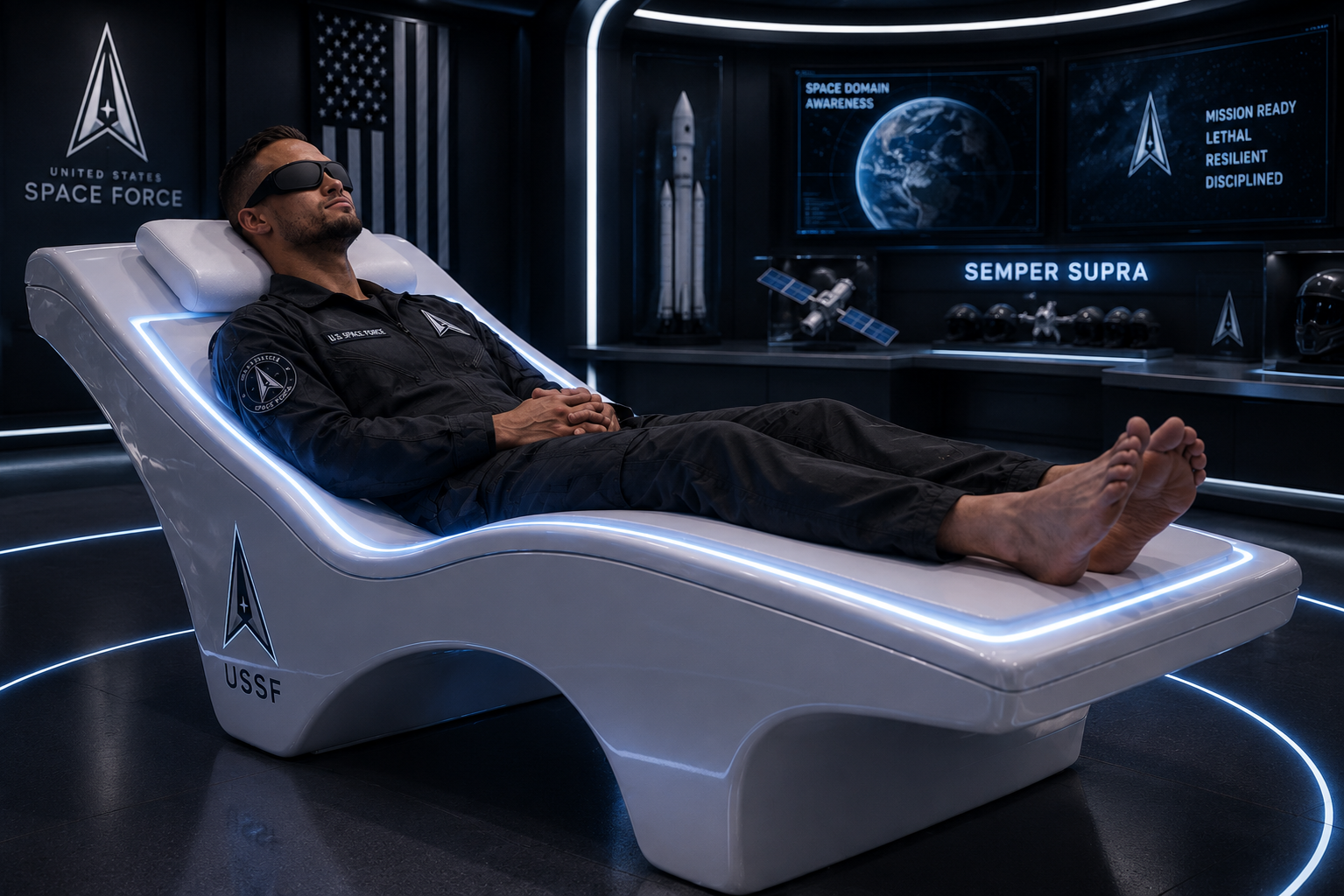 PureWave VEMI system staged in a futuristic tactical recovery lounge.